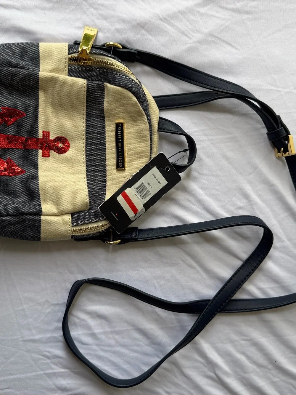 Tommy Hilfiger Striped Mini Backpack with Red Sequin Anchor